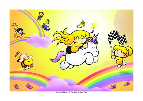a blonde girl rides a unicorn past a chequered flag on a rainbow